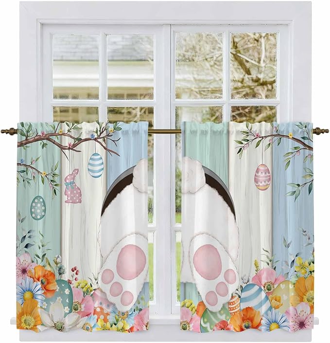 Easter Kitchen Curtains 45 Inch Long 2 Panel Set, Rod Pocket Window Treatment - Image 2