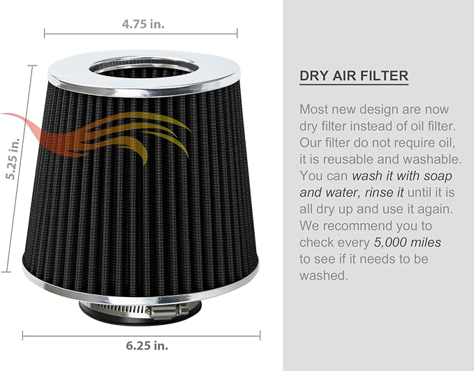 BLACK 6" 152 mm Inlet Short Truck Air Cone Replacement Performance Washable - Image 6