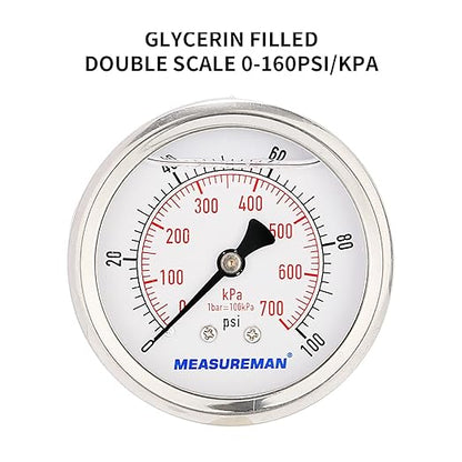 MEASUREMAN 2-1/2inch Dial Size, Glycerin Filled Pressure Gauge, 0-100psi/kpa - Image 3