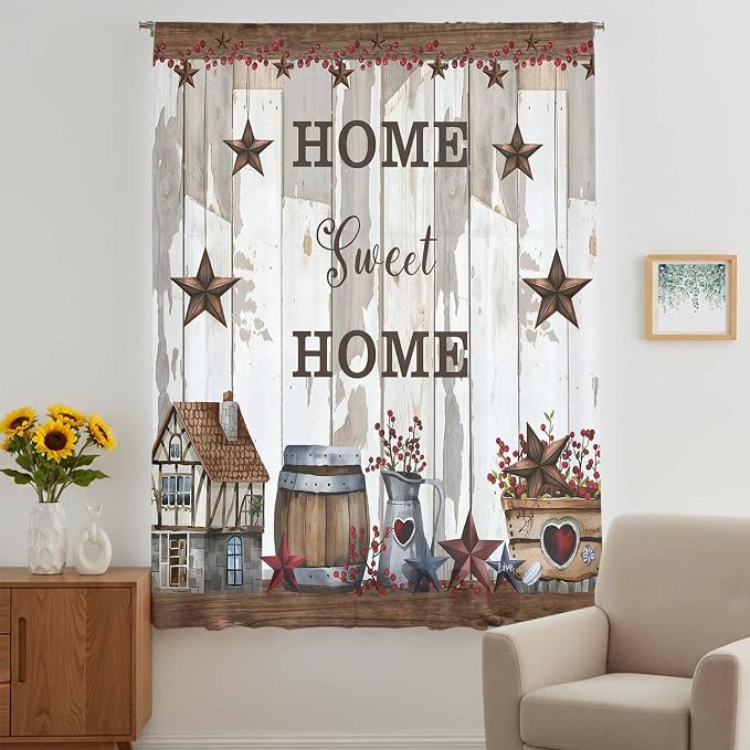 Farmhouse Sheer Curtains 63 Inch Length Retro Country Star Berry Vintage Wood - Image 5
