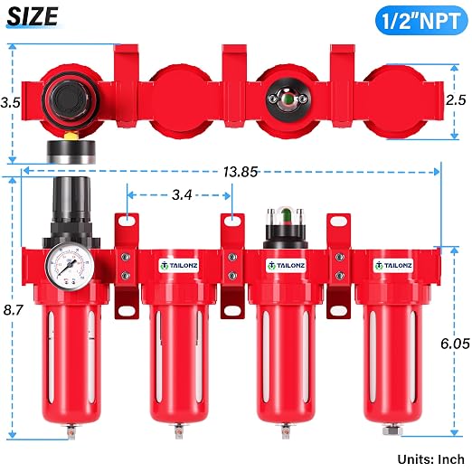 TAILONZ PNEUMATIC 1/2 Inch NPT 0-150 PSI Red Industrial Grade 4 Stage Air - Image 2
