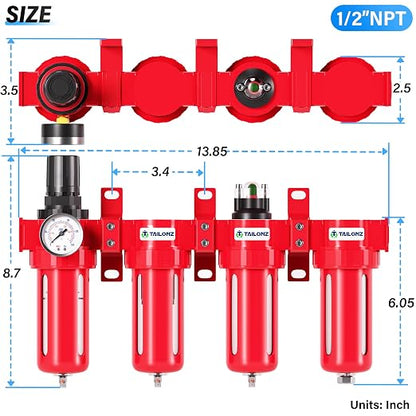 TAILONZ PNEUMATIC 1/2 Inch NPT 0-150 PSI Red Industrial Grade 4 Stage Air - Image 2