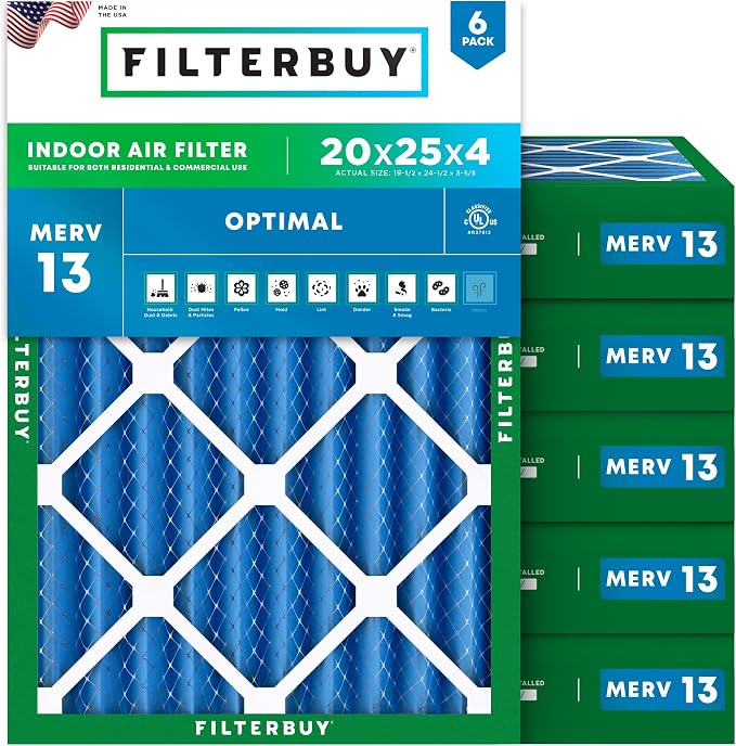 Filterbuy 20x25x4 Air Filter MERV 13 Optimal Smoke & Allergy Defense, by Filterbuy