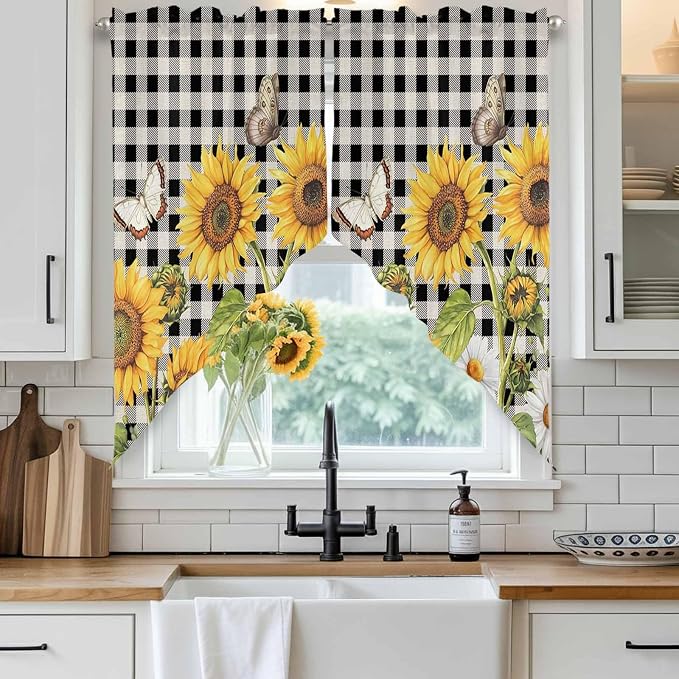 Sunflowers Swag Valances for Windows, Kitchen Window Curtains Swag for Cafe - Image 2