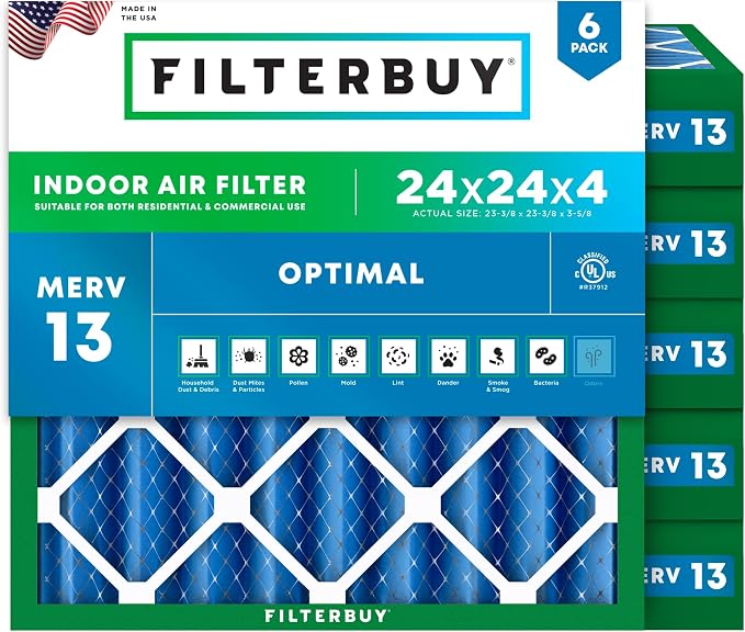 Filterbuy 24x24x4 Air Filter MERV 13 Optimal Smoke & Allergy Defense, by Filterbuy