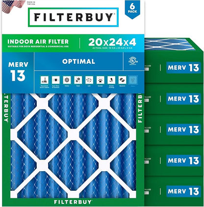 Filterbuy 20x24x4 Air Filter MERV 13 Optimal Smoke & Allergy Defense, by Filterbuy