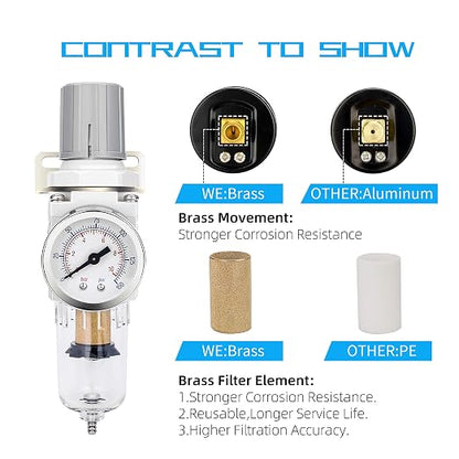 NANPU 1/4" NPT Compressed Air Filter Regulator Combo Piggyback, 5 Micron Brass - Image 5