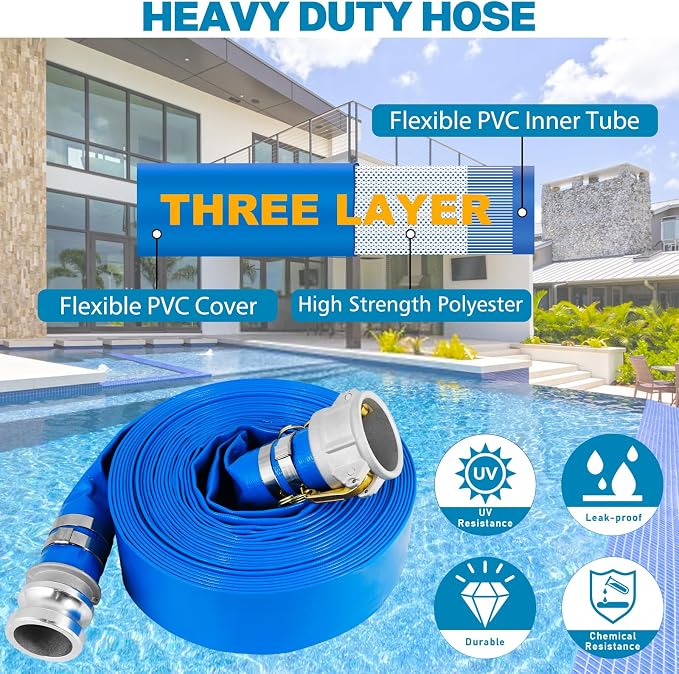 1.5" x 50 Ft Discharge Hose, Heavy Duty PVC Lay Flat Water Backwash Hose - Image 3