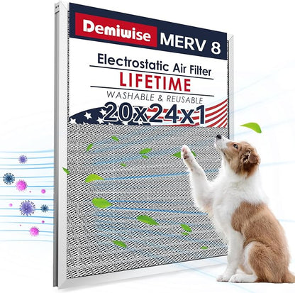 20x24x1 Electrostatic Air Filter, MERV 8 Washable & Reusable Aluminum AC/HVAC by Demiwise