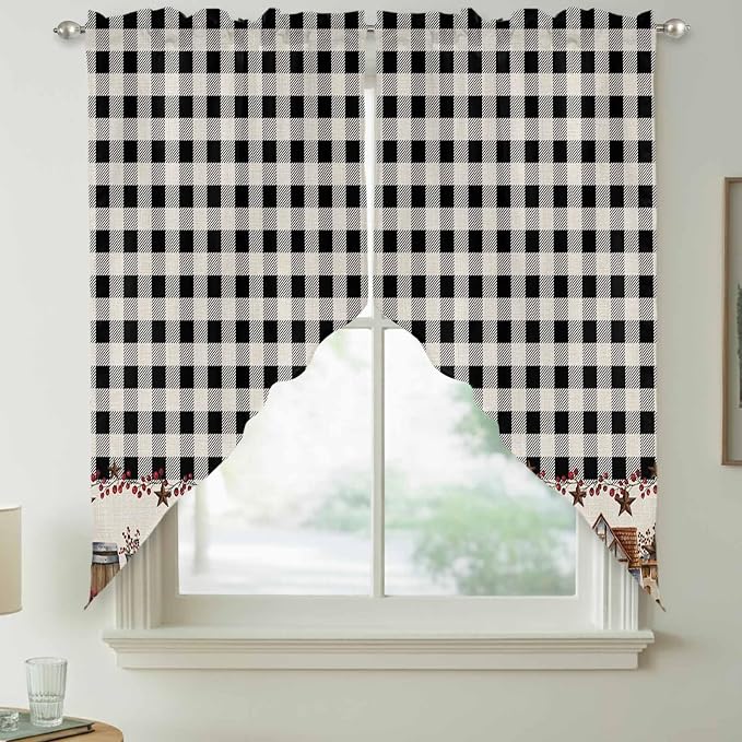 Swag Curtain Valances for Kitchen Windows, Farm Wooden House Black Buffalo - Image 8