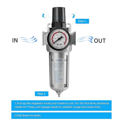 NANPU 1/2" NPT Compressed Air Filter Regulator Combo, Air Filter Pressure - Image 4