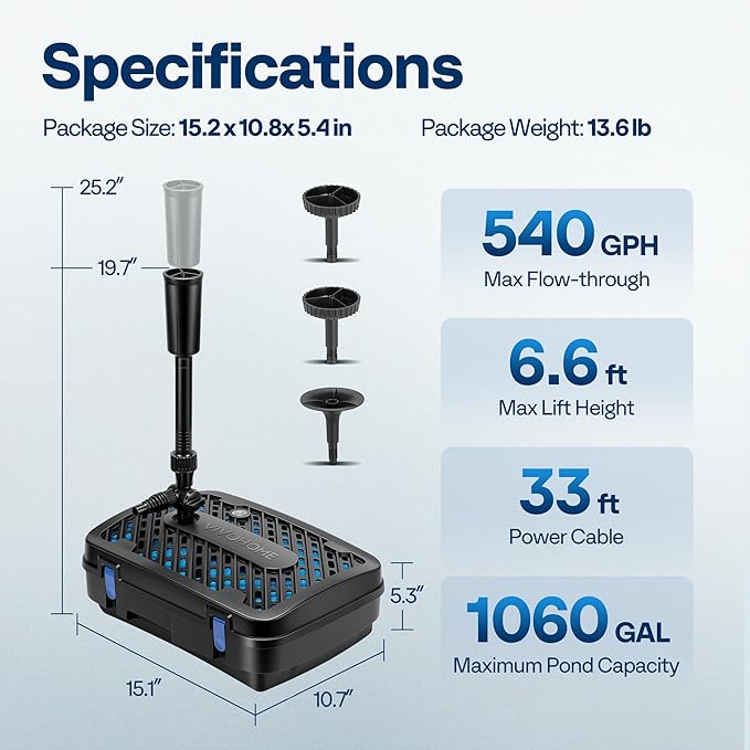 VIVOHOME All-in-One Pond Filter Fountain System Kits, 540 GPH Submersible Water - Image 7