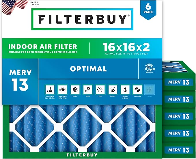 Filterbuy 16x16x2 Air Filter MERV 13 Optimal Smoke & Allergy Defense, by Filterbuy