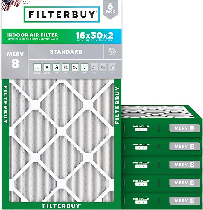 Filterbuy 16x30x2 Air Filter MERV 8 Essential Dust & Allergy Defense, by Filterbuy