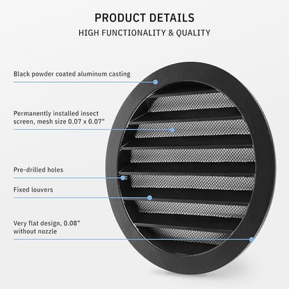 calimaero® WSGB 5" Inch Black Round Metal Air Vent Grill Cover Flat Louver - Image 4