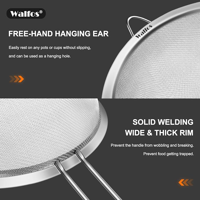 Walfos Large Fine Mesh Strainer 9.35" & 7.8", Stainless Steel Mesh Sieve - Image 4