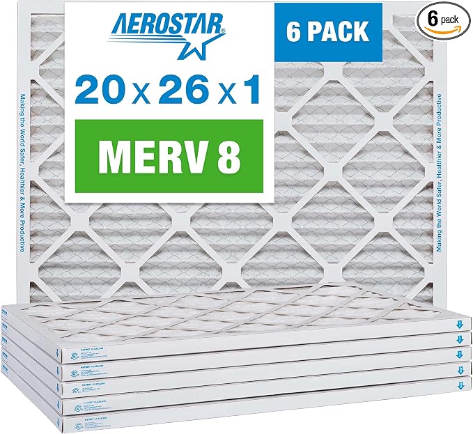 Aerostar 20x26x1 MERV 8 Pleated Air Filter, AC Furnace Air Filter, 6 Pack by AirFiltersDelivered