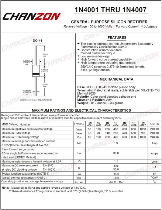 Chanzon 1N4007 Rectifier Diode 1A 1000V DO-41 Axial 4007 IN4007 1 Amp 1000 Volt - Image 2