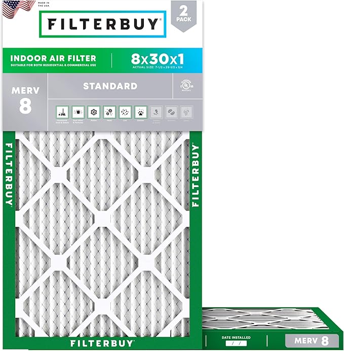 Filterbuy 8x30x1 Air Filter MERV 8 Essential Dust & Allergy Defense, by Filterbuy