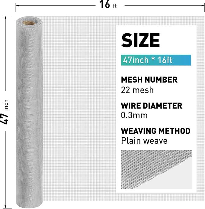304 Stainless Steel Mesh Window Screen Roll, 47IN x 16FT Silver Metal Window - Image 3