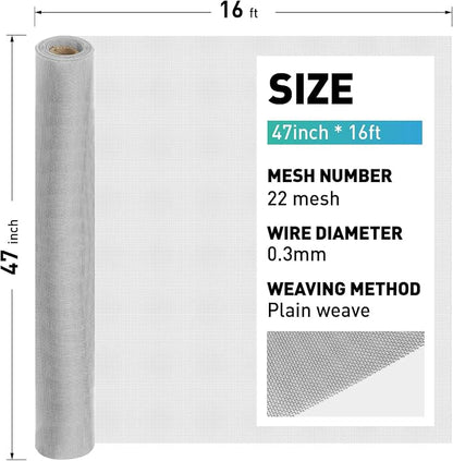 304 Stainless Steel Mesh Window Screen Roll, 47IN x 16FT Silver Metal Window - Image 3