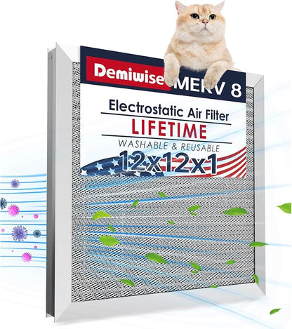 12x12x1 Electrostatic Air Filter, Reusable MERV 8 Aluminum AC/HVAC Furnace by Demiwise