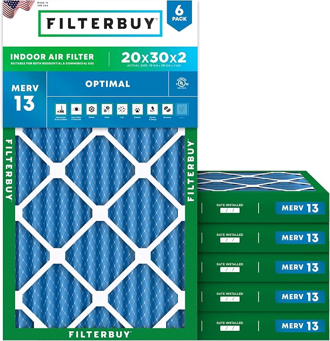 Filterbuy 20x30x2 Air Filter MERV 13 Optimal Smoke & Allergy Defense, by Filterbuy