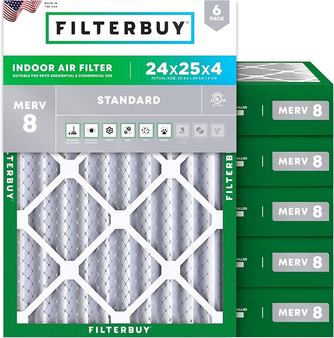 Filterbuy 24x25x4 Air Filter MERV 8 Essential Dust & Allergy Defense, by Filterbuy