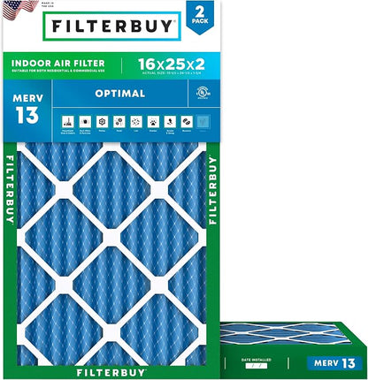 Filterbuy 16x25x2 Air Filter MERV 13 Optimal Smoke & Allergy Defense, by Filterbuy