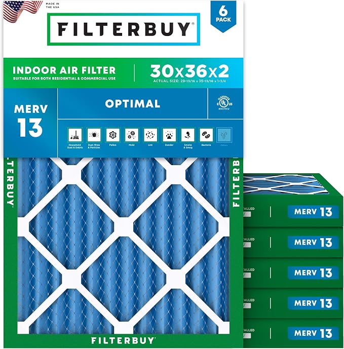 Filterbuy 30x36x2 Air Filter MERV 13 Optimal Smoke & Allergy Defense, by Filterbuy