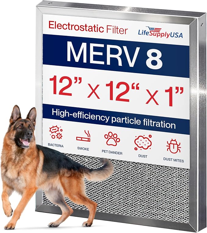 12x12x1 Electrostatic Air Filter, MERV 8, Reusable Furnace AC/HVAC Filter by LifeSupplyUSA