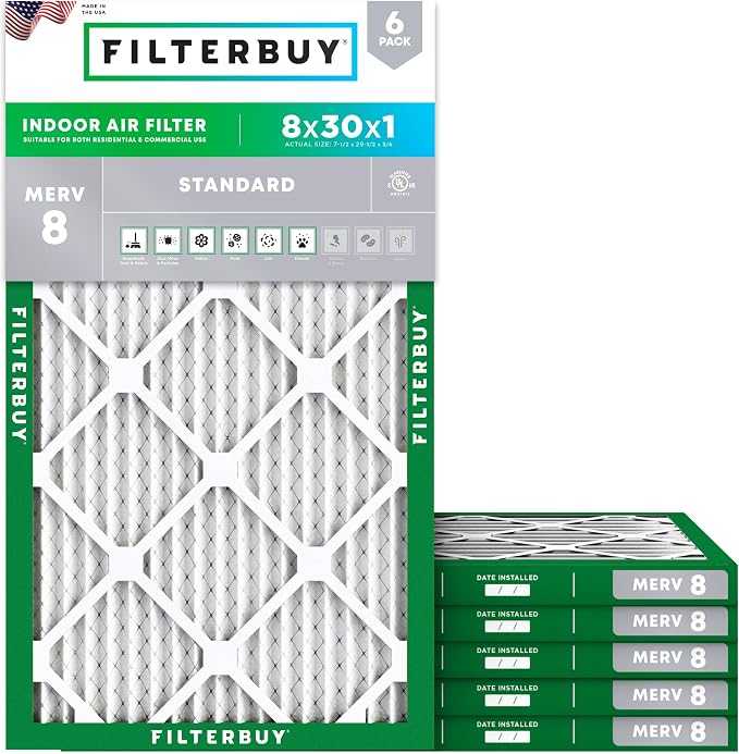 Filterbuy 8x30x1 Air Filter MERV 8 Essential Dust & Allergy Defense, by Filterbuy