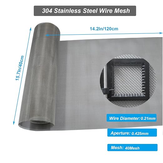 304 Stainless Steel Mesh 40Mesh, 15.7"x47.2" Metal Mesh Screen, Woven Fine Wire - Image 2