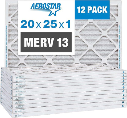 Aerostar 20x25x1 MERV 13 Pleated Air Filter, AC Furnace Air Filter, 12 Pack by AirFiltersDelivered