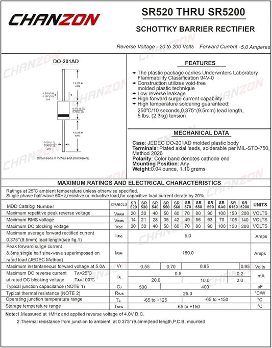 Chanzon SR560 Schottky Barrier Rectifier Diodes 5A 60V DO-201AD Axial 5 Amp 60 - Image 2