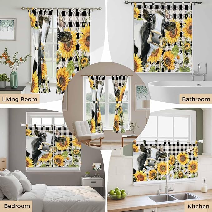 Retro Sunflowers Kitchen Curtains 45 Inch Length, Short Cafe Window Curtains - Image 7