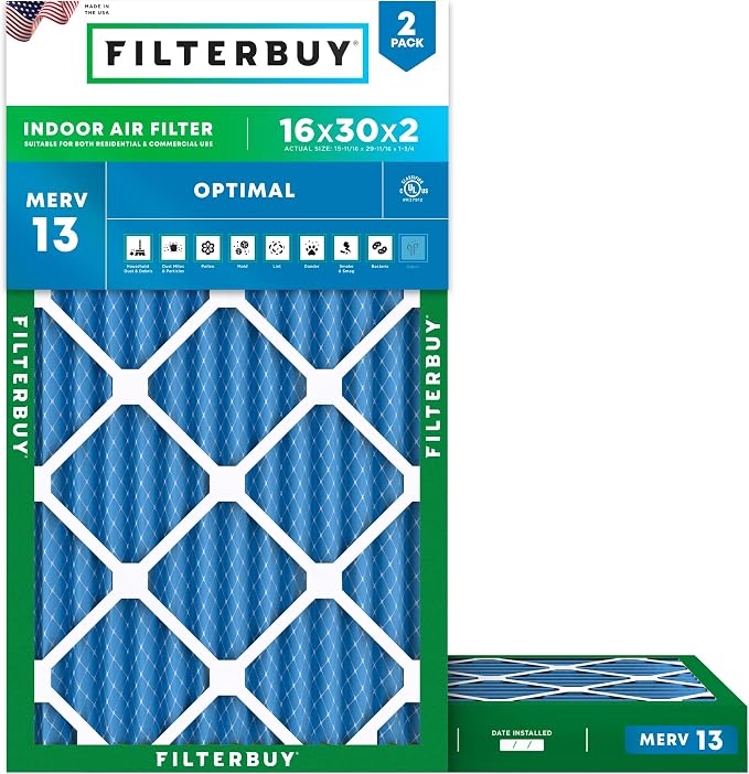 Filterbuy 16x30x2 Air Filter MERV 13 Optimal Smoke & Allergy Defense, by Filterbuy