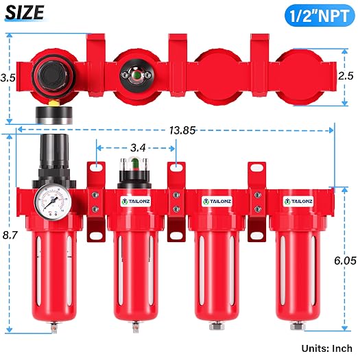 TAILONZ PNEUMATIC 0-150PSI 1/2 Inch NPT Red Industrial Grade 4 Stage Air Drying - Image 2