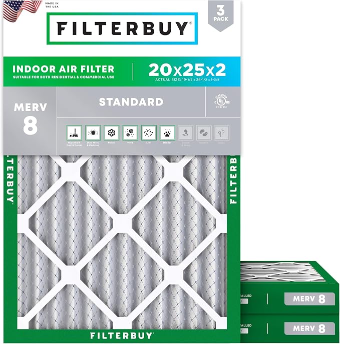 Filterbuy 20x25x2 Air Filter MERV 8 Essential Dust & Allergy Defense, by Filterbuy