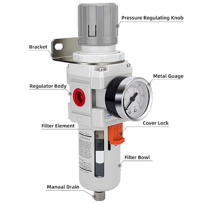 NANPU 3/8" NPT Compressed Air Filter Regulator Combo Piggyback, 5 Micron Brass - Image 2