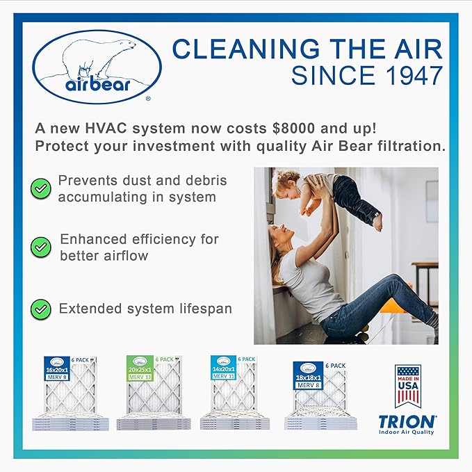 16x25x2 Air Filter MERV 8 TRION Air Bear Pleated HVAC Air Filter Replacement - Image 6
