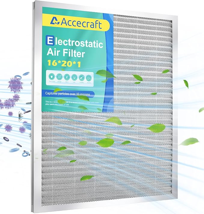16x20x1 Electrostatic Air Filter, Washable & Reusable Aluminum AC/HVAC Furnace by Accecraft