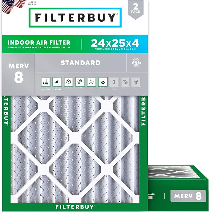 Filterbuy 24x25x4 Air Filter MERV 8 Essential Dust & Allergy Defense, by Filterbuy