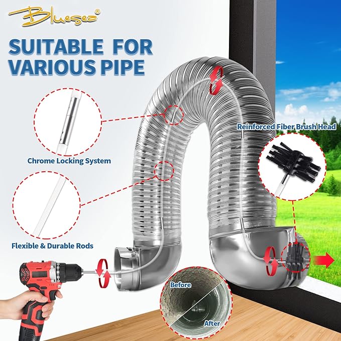 Bluesea 7 Pieces 20 Feet Dryer Vent Cleaner Kit, Reinforced Nylon Dryer Vent - Image 2