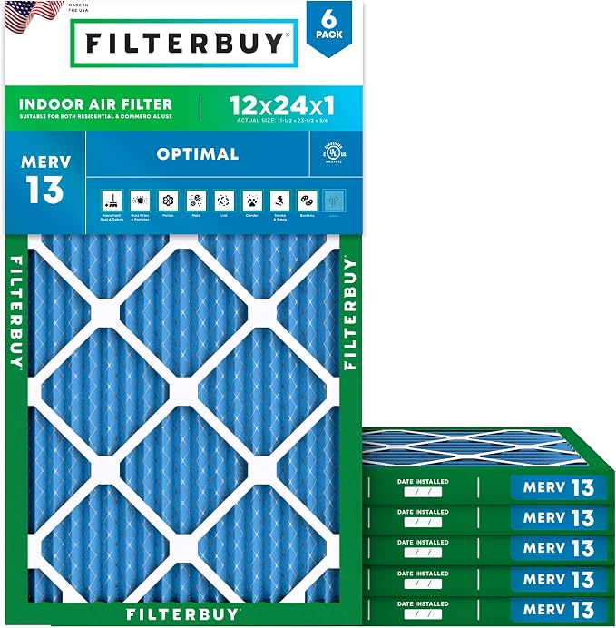 Filterbuy 12x24x1 Air Filter MERV 13 Optimal Smoke & Allergy Defense, by Filterbuy