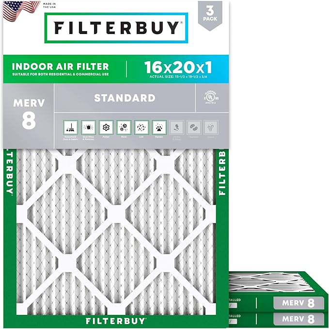 Filterbuy 16x20x1 Air Filter MERV 8 Essential Dust & Allergy Defense, by Filterbuy