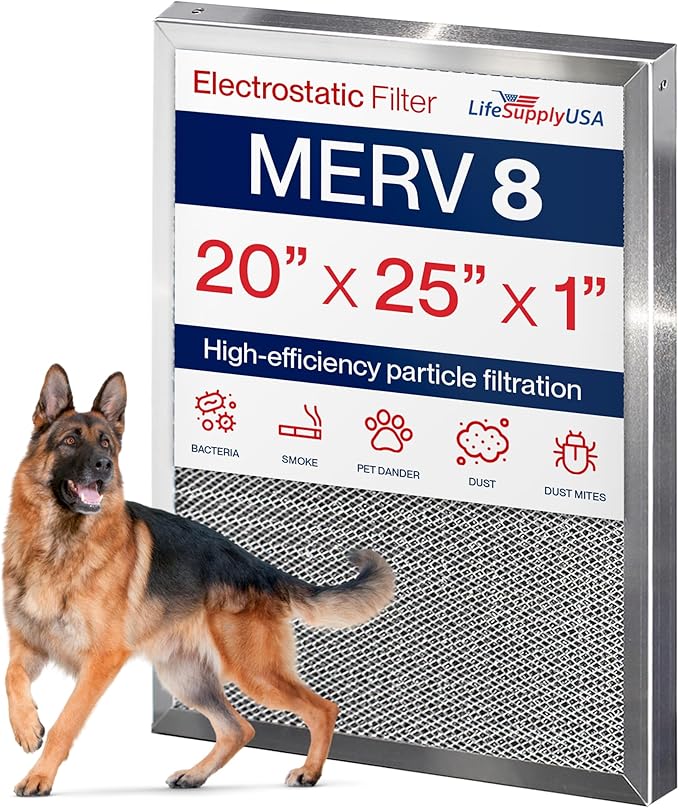 20x25x1 Electrostatic Air Filter, MERV 8, Reusable Furnace AC/HVAC Filter by LifeSupplyUSA