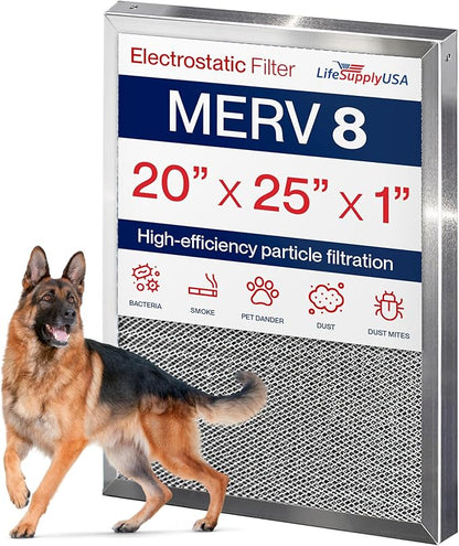 20x25x1 Electrostatic Air Filter, MERV 8, Reusable Furnace AC/HVAC Filter by LifeSupplyUSA
