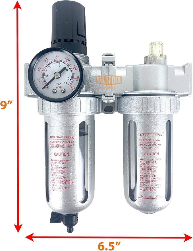 1/4" NPT Mid Flow Compressed Air In Line Filter Regulator Lubricator Oiler - Image 2