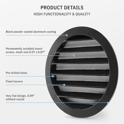 calimaero® WSGB 6" Inch Black Round Metal Air Vent Grill Cover Flat Louver - Image 4